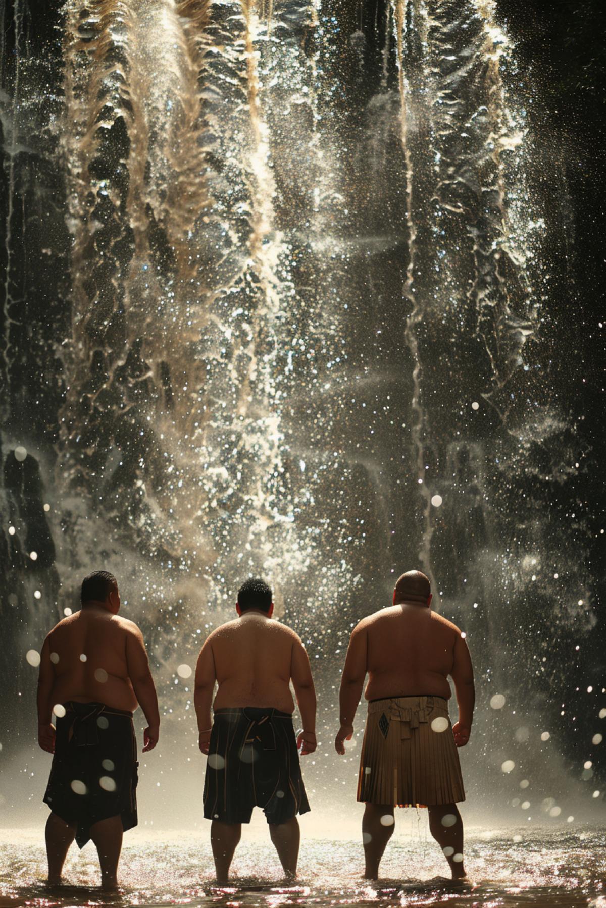 sumo wrestling of powerful men in the rays of dawn against the backdrop of a waterfall