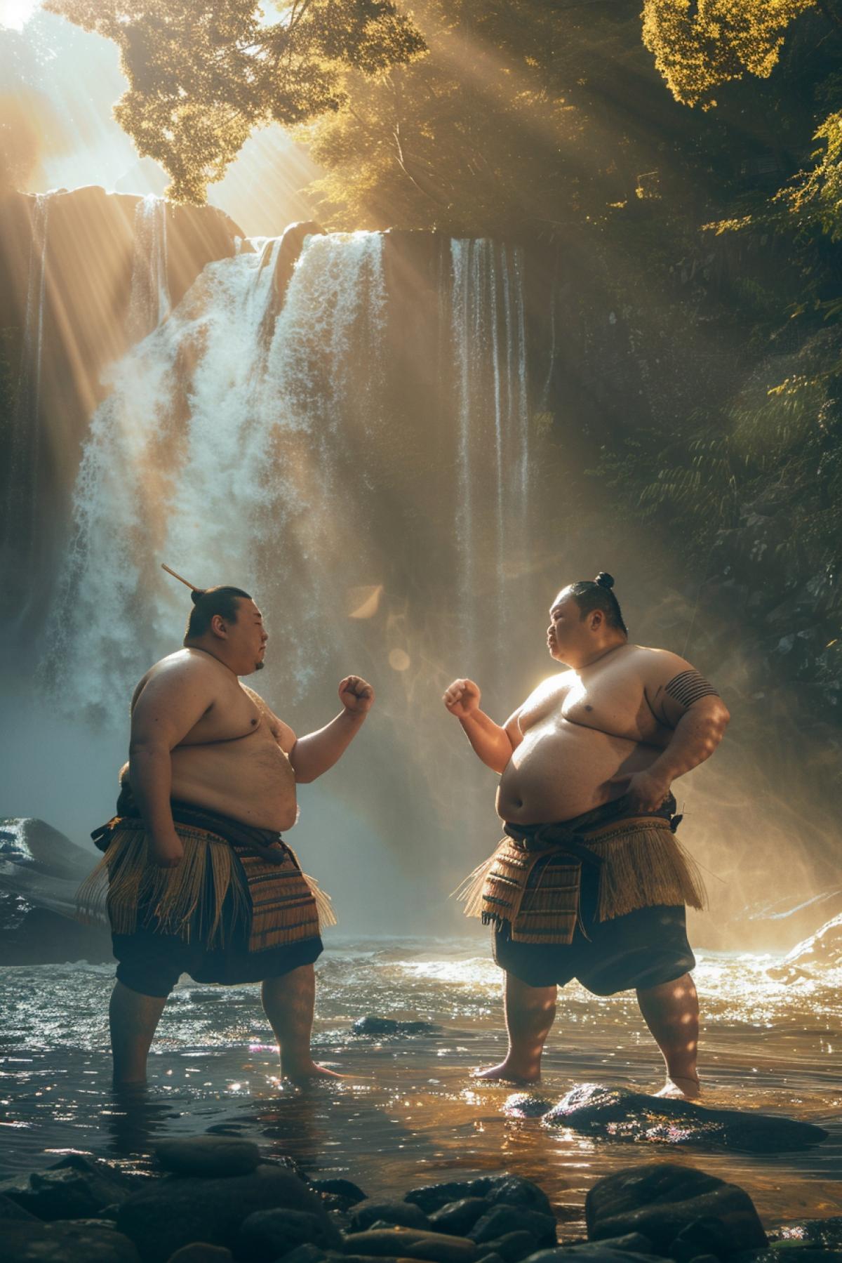 sumo wrestling of powerful men in the rays of dawn against the backdrop of a waterfall