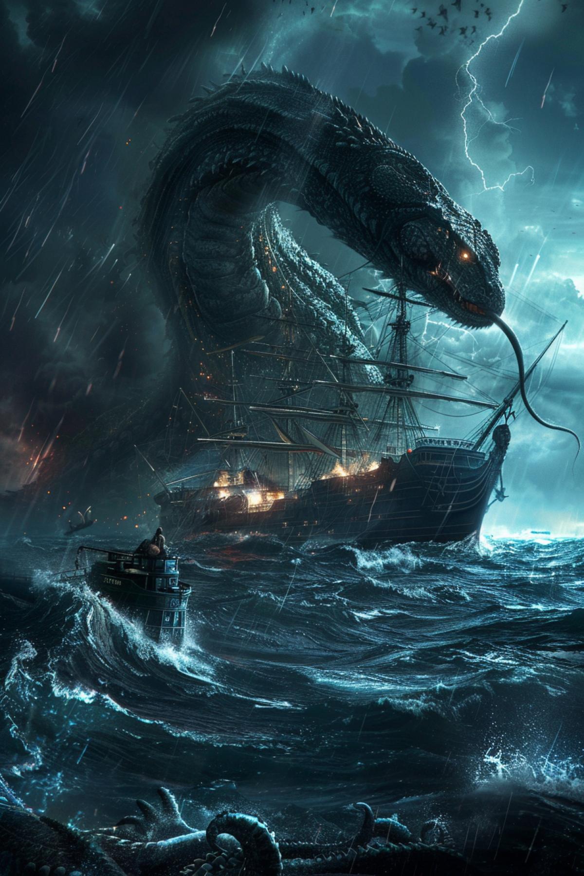 Beautiful huge Ocean, night, storm, large ship at sea, a huge sea monster of a snake-like shape peeks out from the ocean, high quality, good detail, atmosphere of horror, Lovecraftism, arthouse