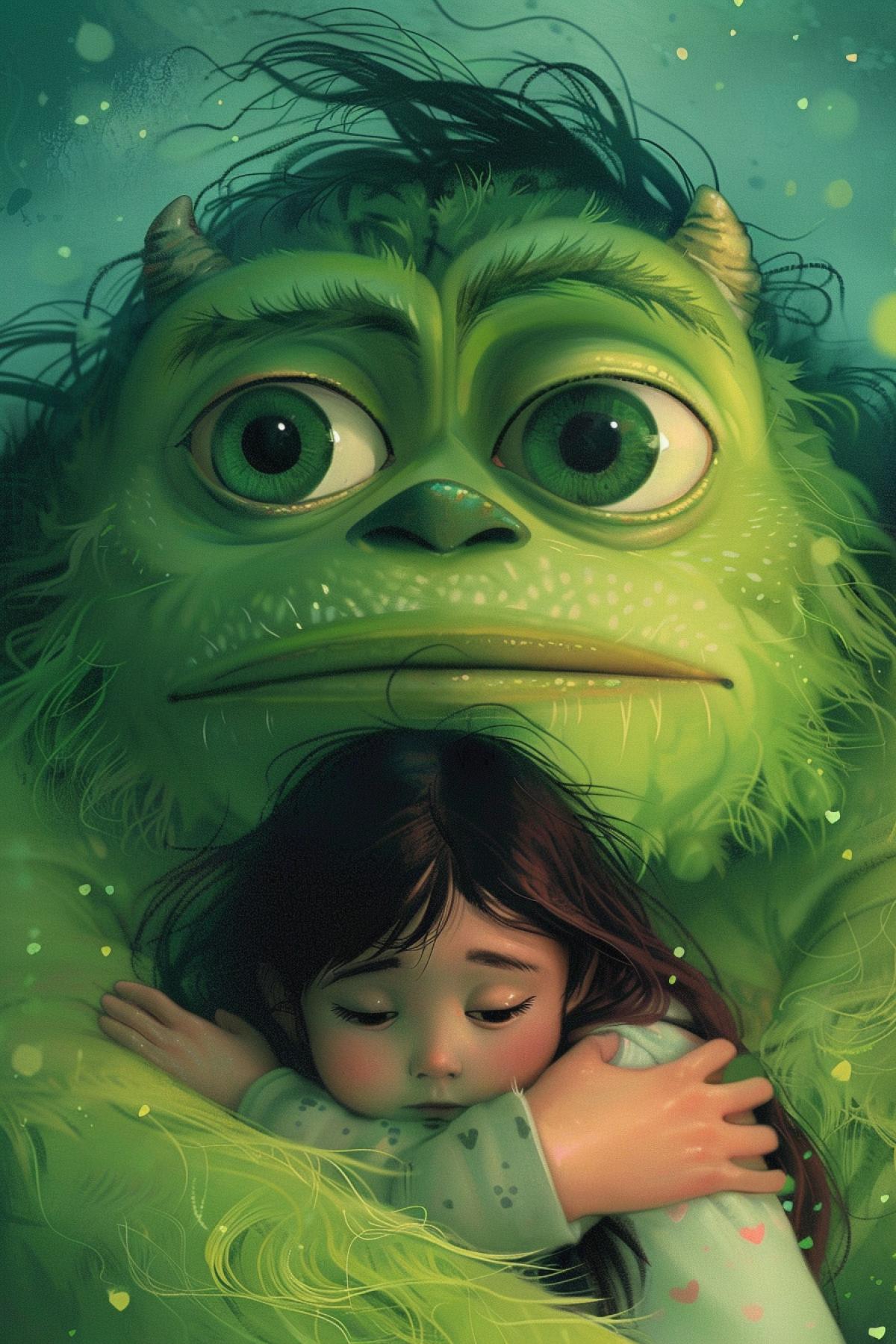 Im a little girl and Im a grown woman, a woman hugs a child, they are under protection, and above them is a green monster with big eyes