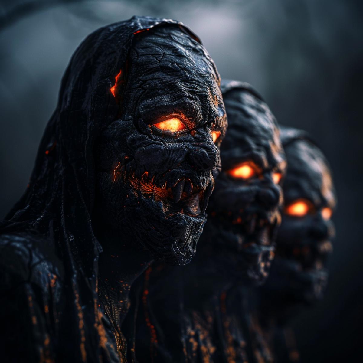 Three scarry halloween monster faces, CGI, cinematography, epic com4k, Depth of Field, beautifully color graded, Super Resolution, bright lighting, dark background, 8k, sharp focus
