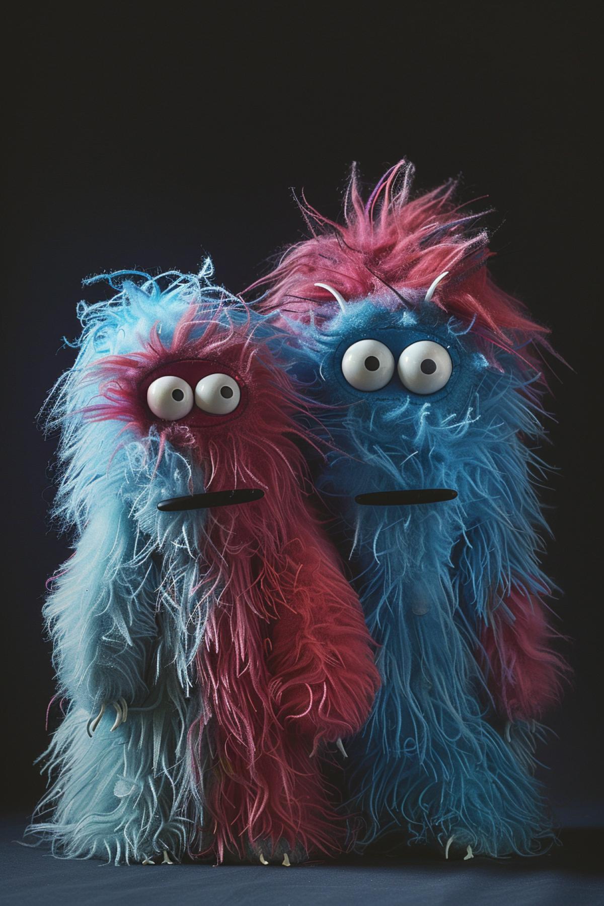 painted two Fluffy cartoon monsters standing on top of a dark background, in the style of intentionally canvas, minimalist still lifes, dark crimson and sky-blue, slumped/draped, shot on 70mm, carpetpunk, candid moments captured
