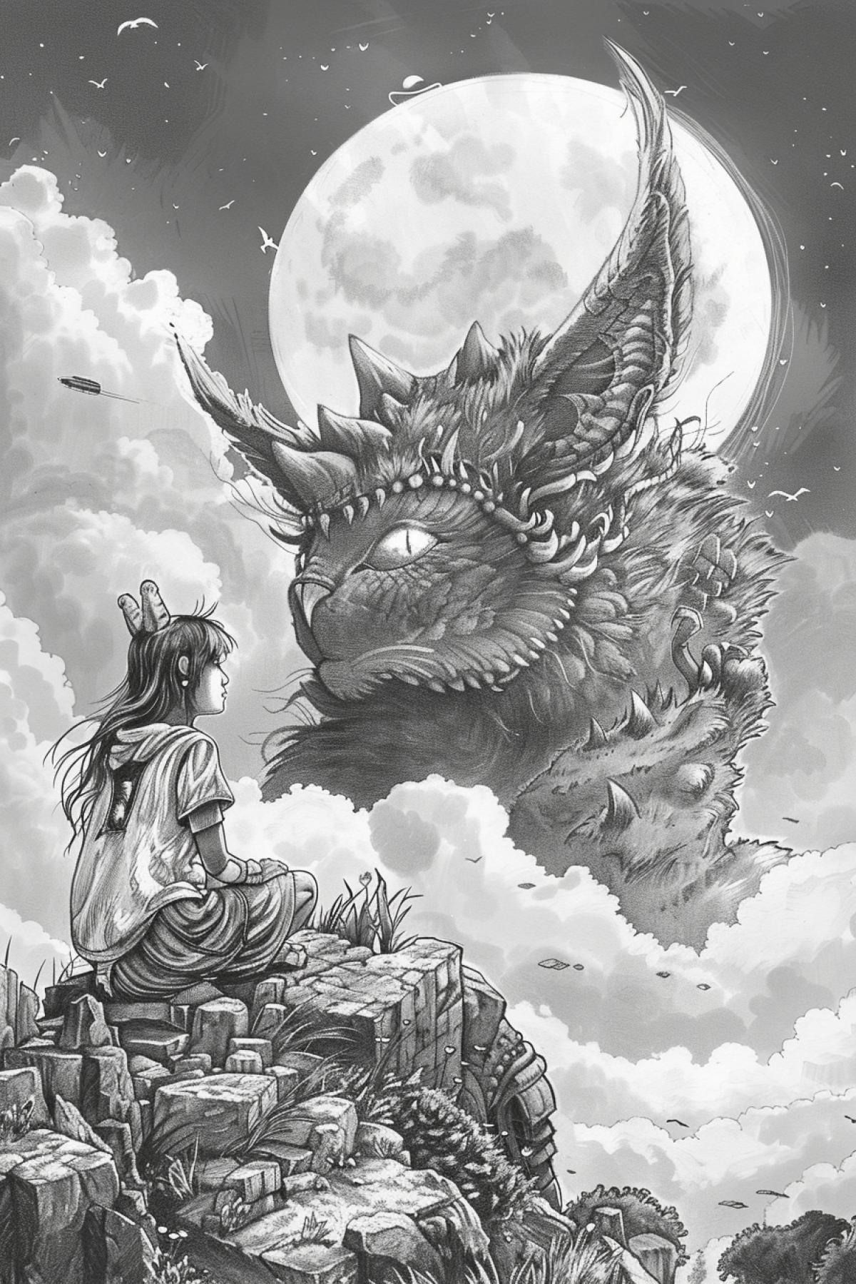 a drawing of a girl sitting next to a giant monster in the sky, in the style of james jean, whimsical cats, grisaille, mixed media elements, valentine hugo, made of mist, yasuo kuniyoshi