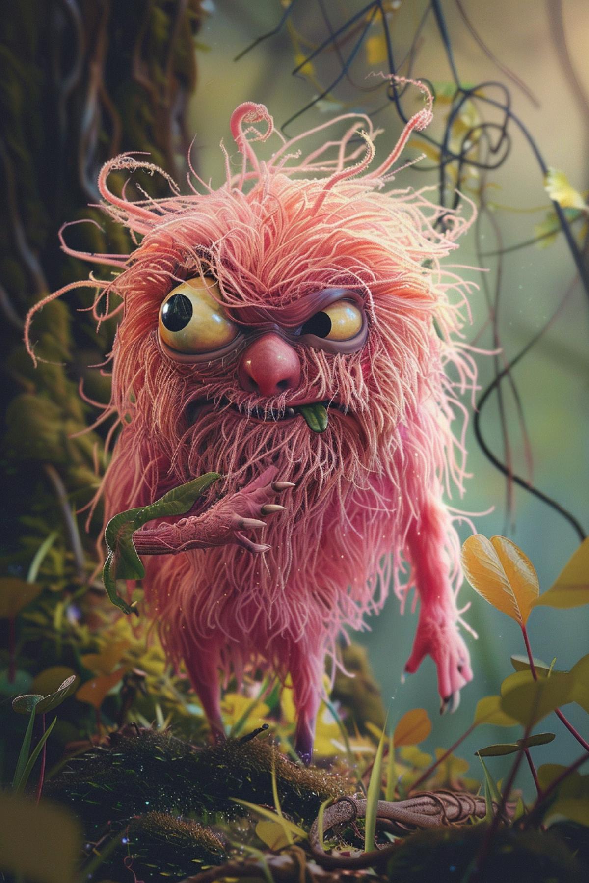 an artist draws a cute pink monster in the shade, in the style of surrealistic distortions, jeff danziger, layered fibers, detailed character expressions, light green and dark crimson, joel robison, twisted characters