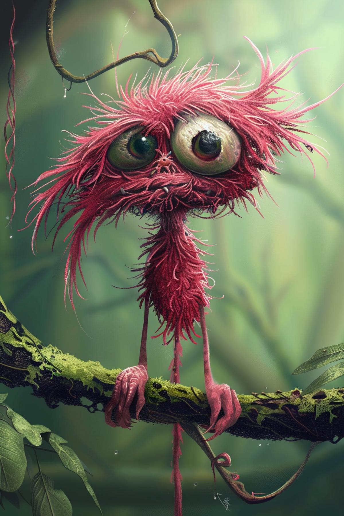 an artist draws a cute pink monster in the shade, in the style of surrealistic distortions, jeff danziger, layered fibers, detailed character expressions, light green and dark crimson, joel robison, twisted characters