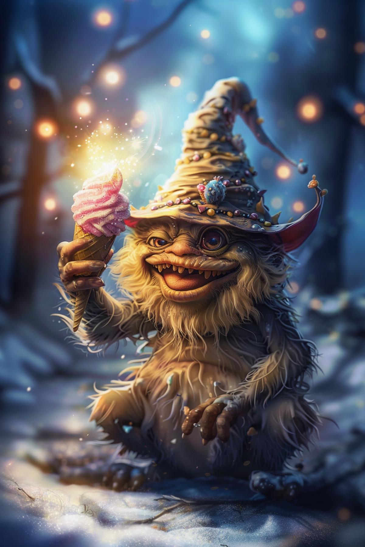 Cheerful monster in a hat eats ice cream, fairy-tale world, twinkling, magic,