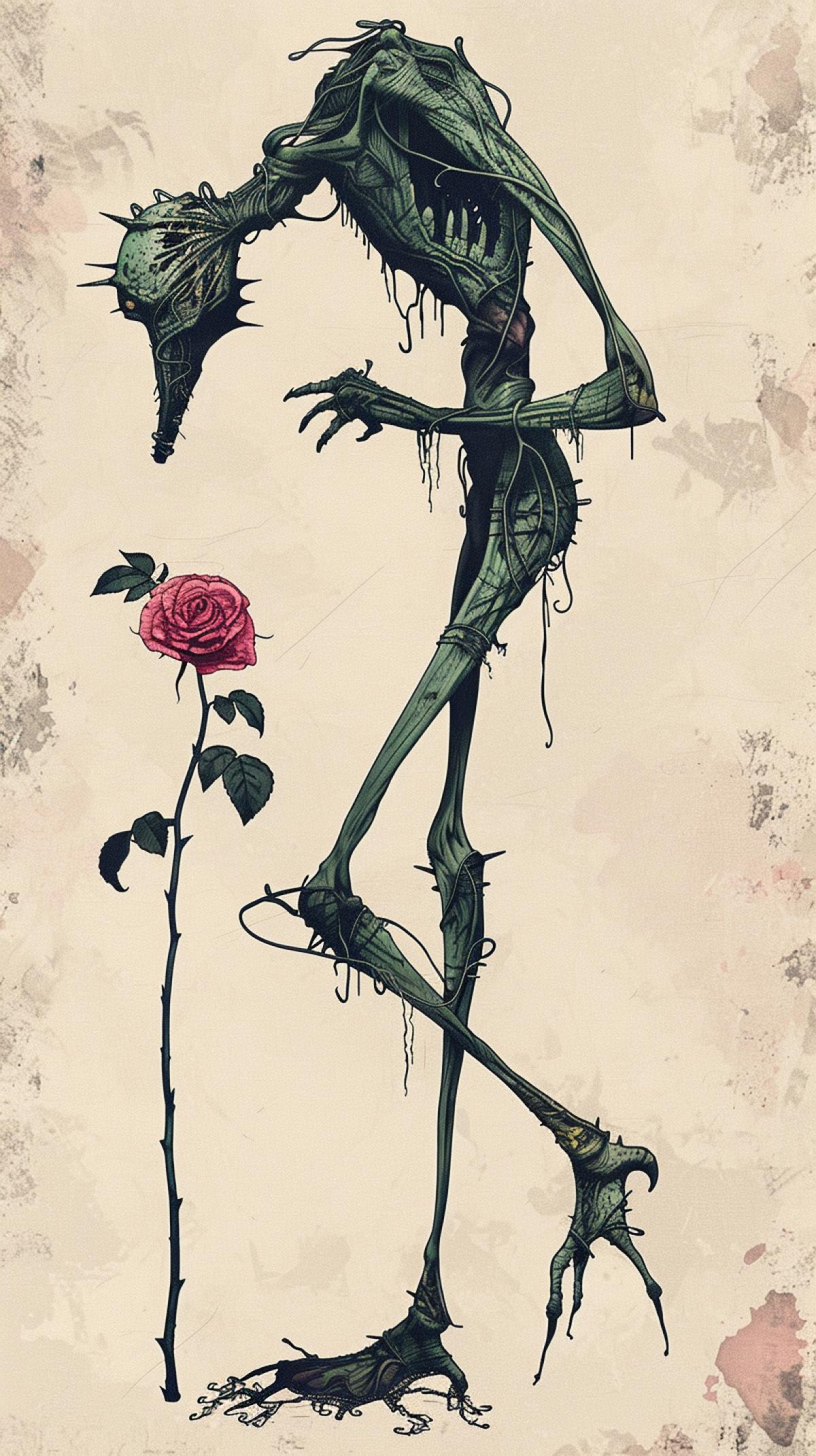 jumping monster on long legs smelling a rose