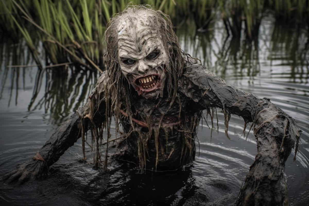 Sinister damned mutant monster, terrible monster in the swamp, in the darkness, horror!