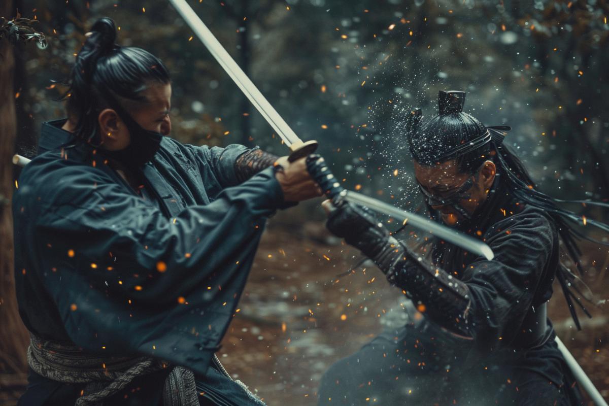 Two samurai fight with swords in the air, 8k realism, cinematic shot, panasonic