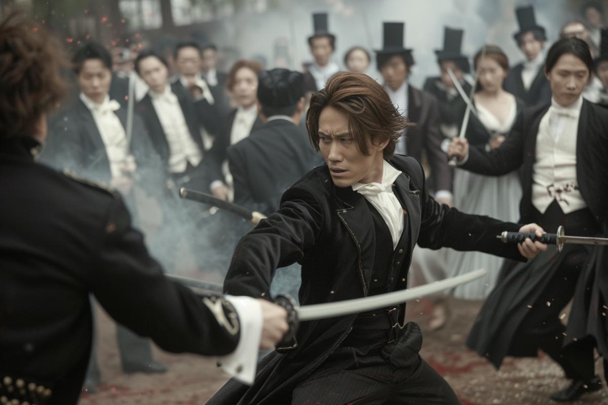 2 people in tuxedos fighting with swords, still from the film, sony fdr