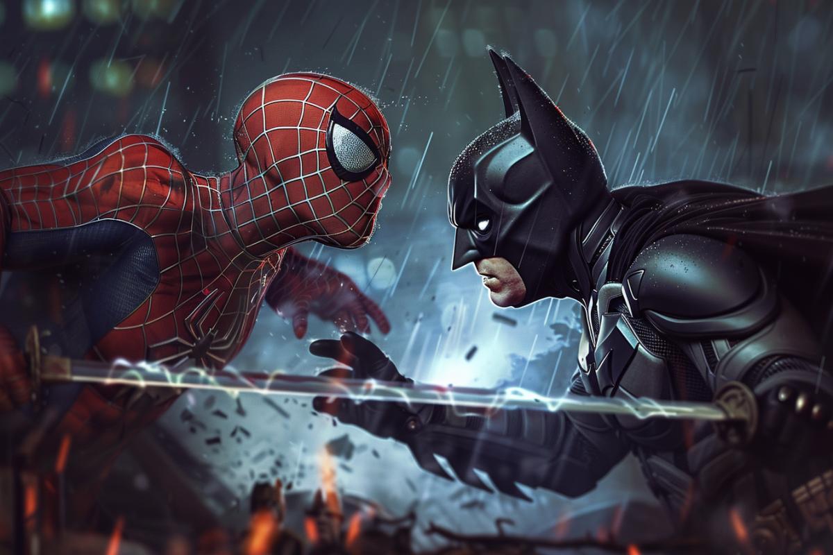 Spiderman vs Batman sword fighting realistic style