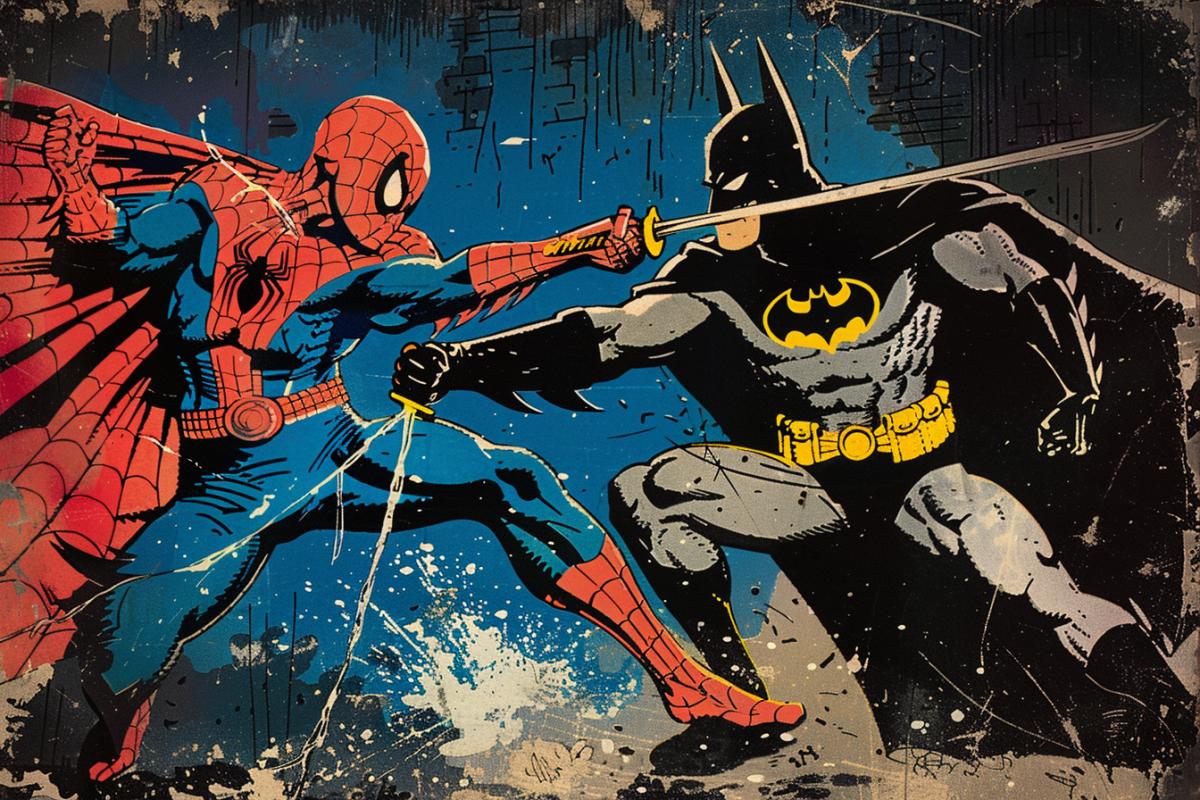 Spider-Man vs Batman, sword fight, classic comics style