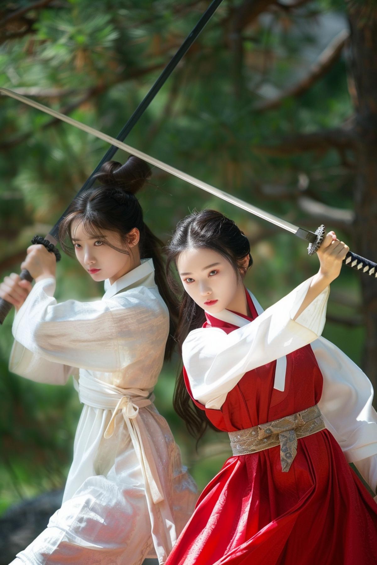 Two beautiful girls fight with swords, Korean style