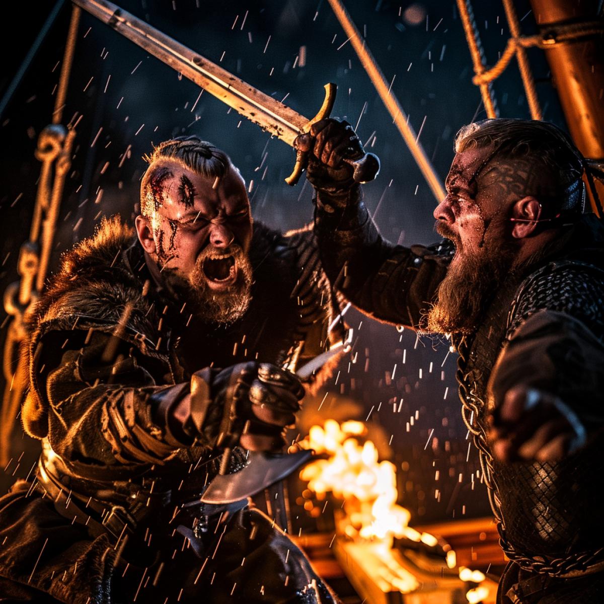 Two Vikings with furious faces are fighting with swords with each other, on a ship, at sea, storm, night, torchlight, Vikings
