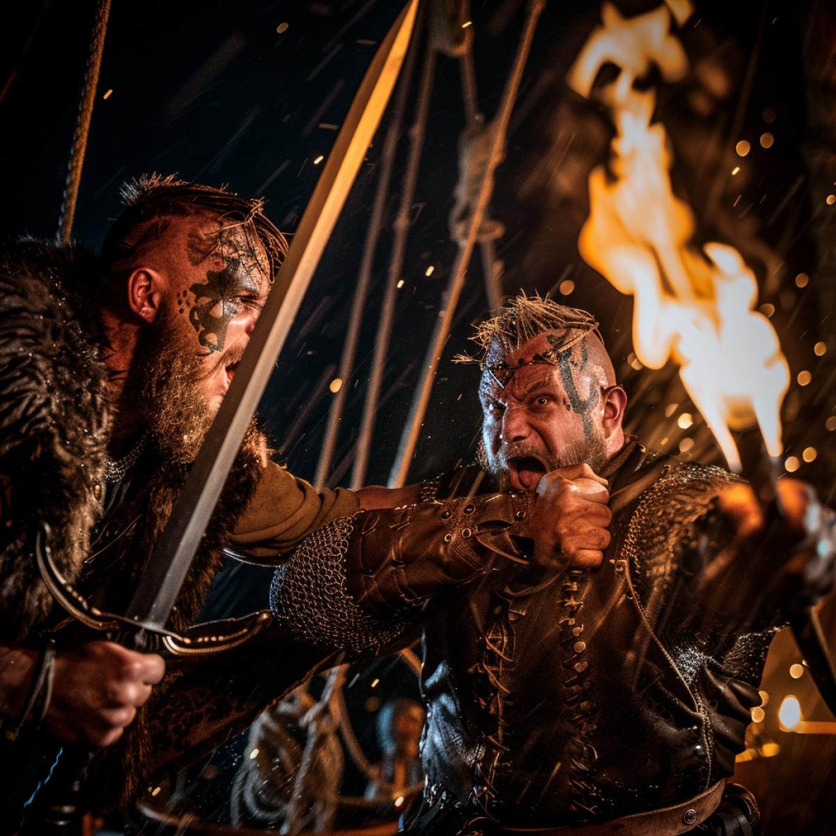 Two Vikings with furious faces are fighting with swords with each other, on a ship, at sea, storm, night, torchlight, Vikings