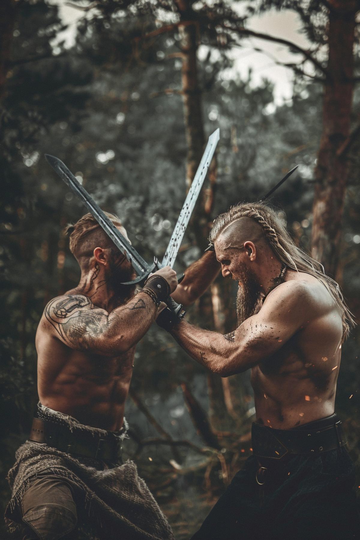 Two Vikings fight with swords, cinematic, expression, detail, dramatic light