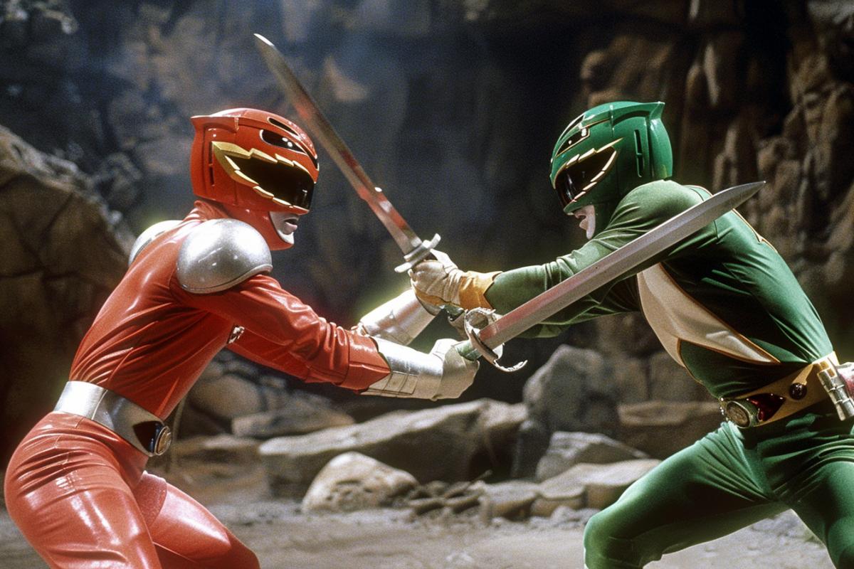 Power Rangers, 90s show, red ranger fights against green ranger, using swords