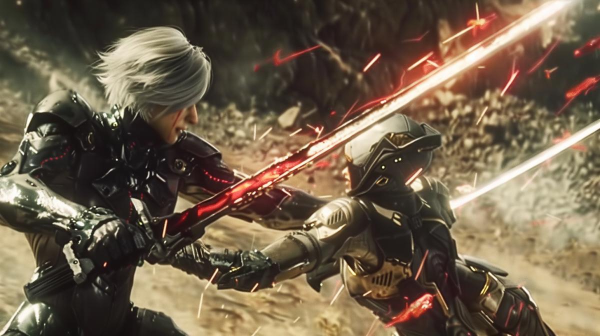 Raiden Metal Gear Rising vs 2B from NieR Automata, sword fight, realistic style, motion effect