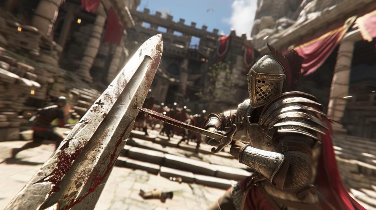 Sword fight, first person view, video game screenshot