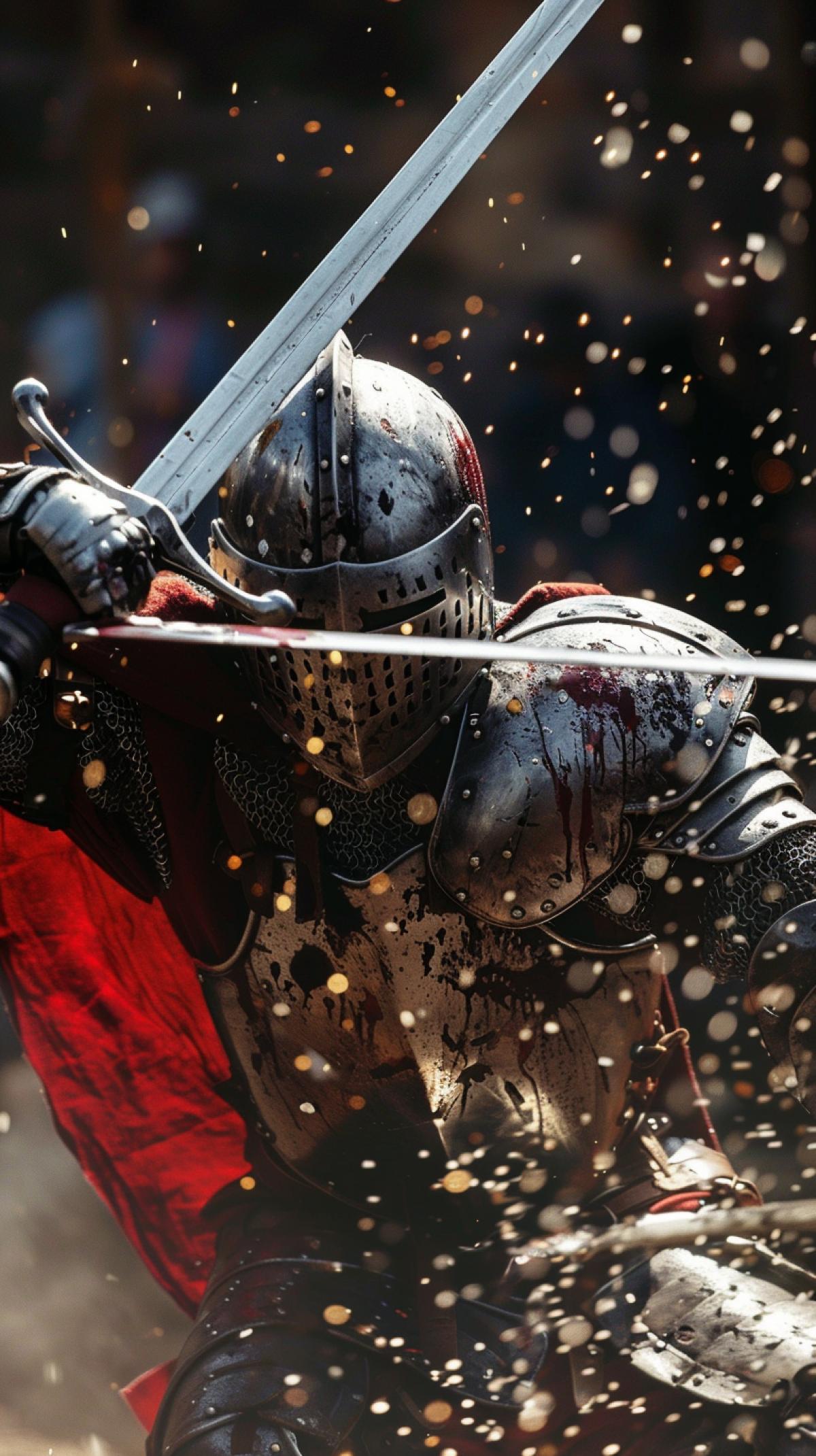 the clanking of swords and splashes of sparks in the battle of knights