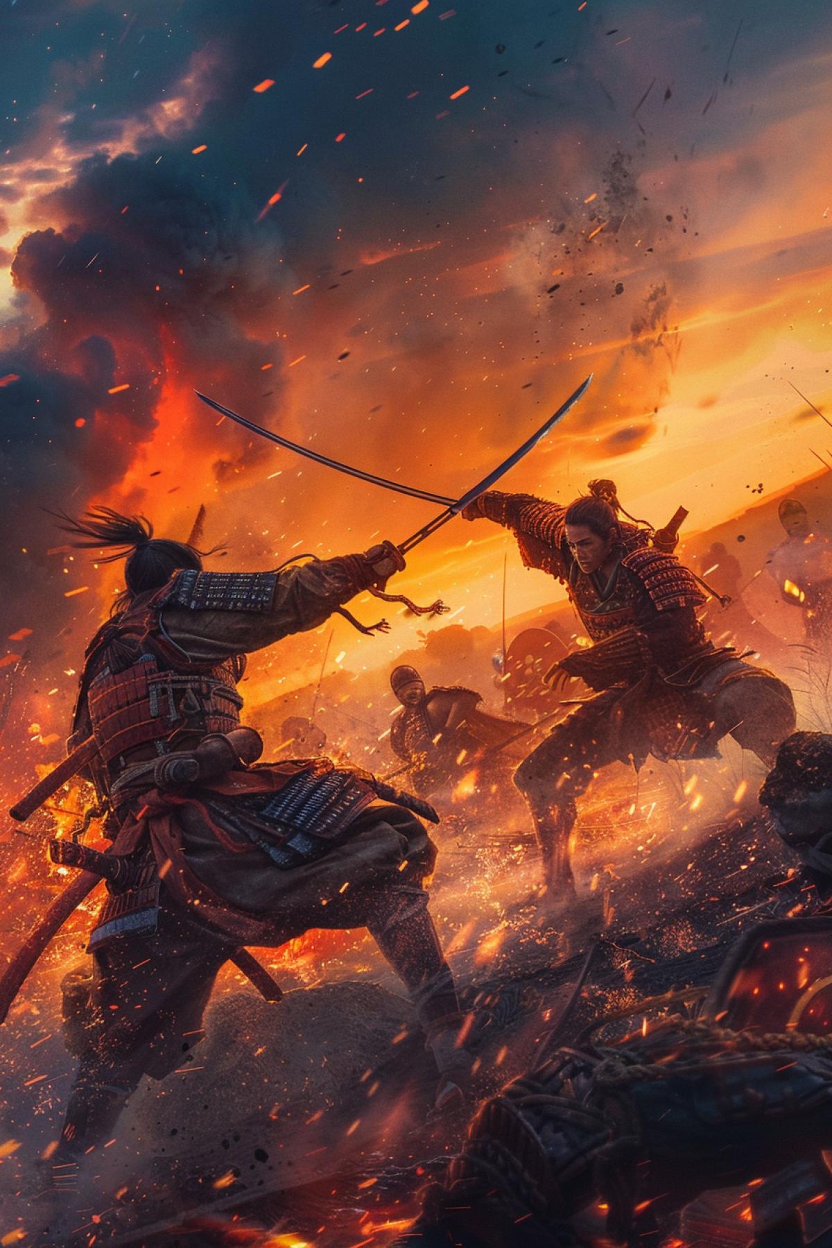 Against the backdrop of a scorching sunset, the majestic figures at the very epicenter of the battle capture the viewers gaze. One of the warriors, with a curved blade framed in fire, radiates determination and power, while his opponent, inspired by the passion for victory, points his sword towards the sky. Smoke and dust rise around, creating an atmosphere of tension and adrenaline.