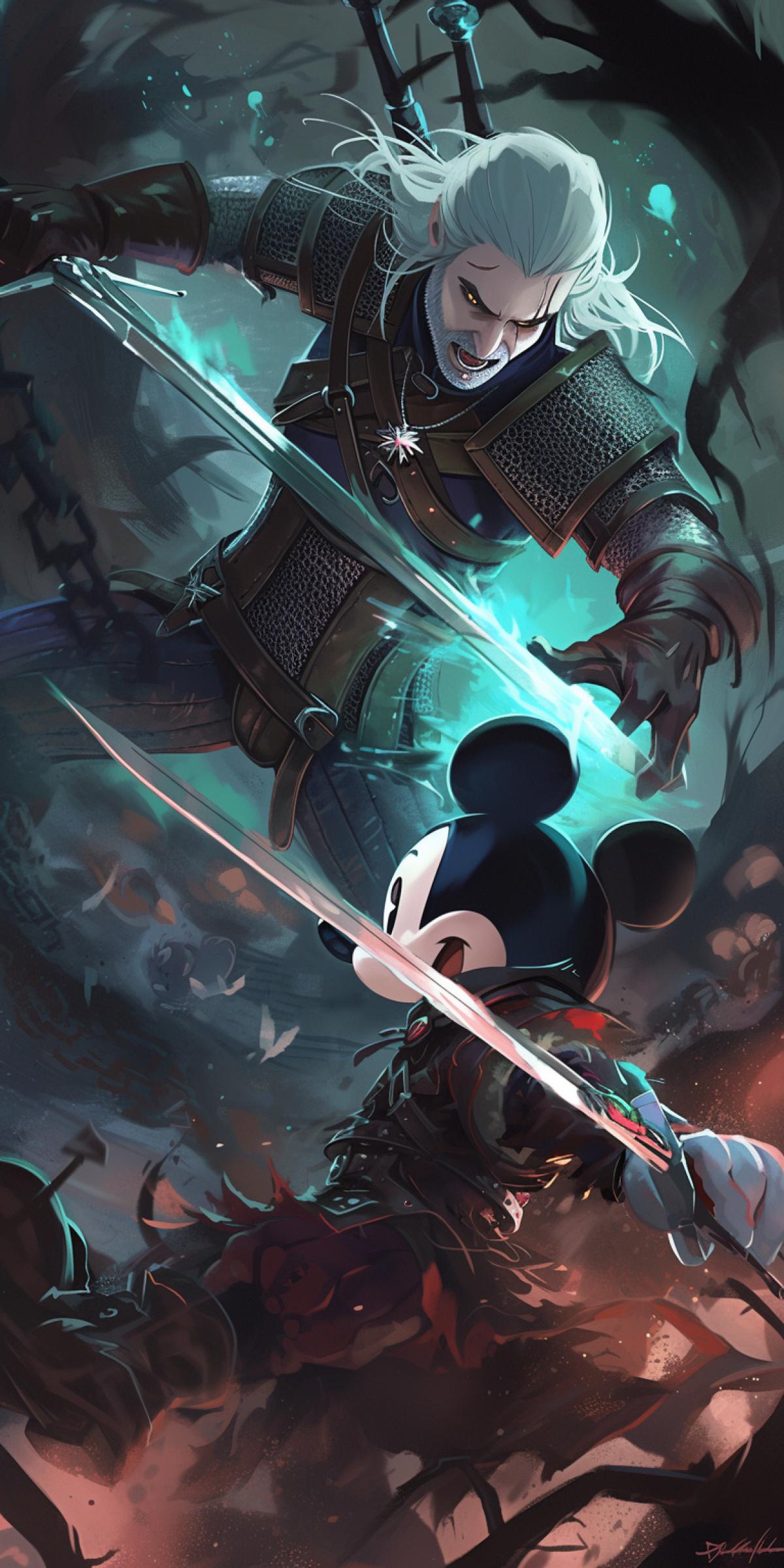 The Witcher and Mickey Mouse sword fight, dramatic scene for a huge poster, mysterious lighting