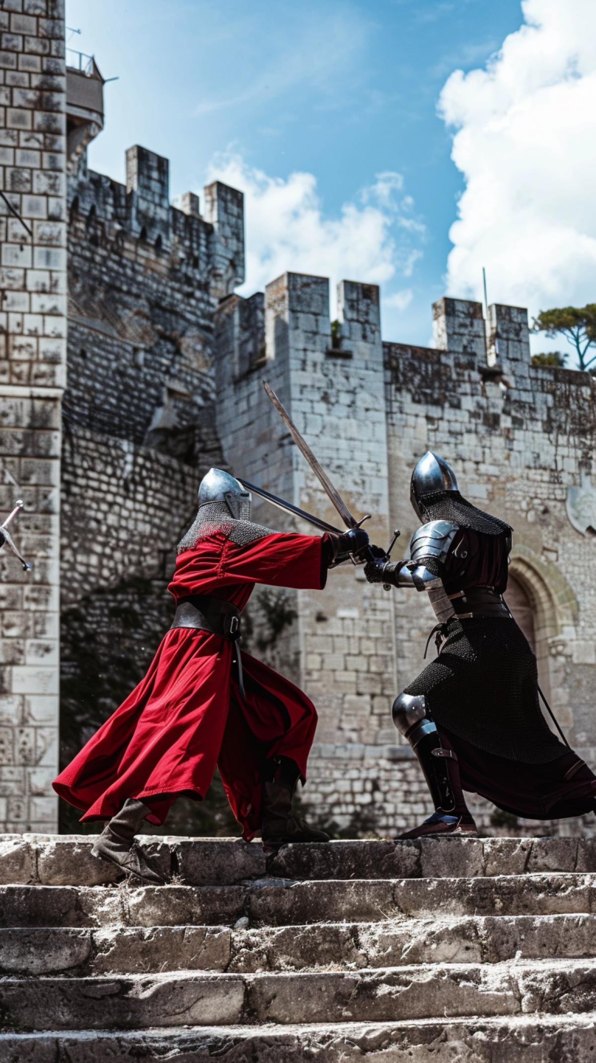Knights sword fight on the steps of the castle
