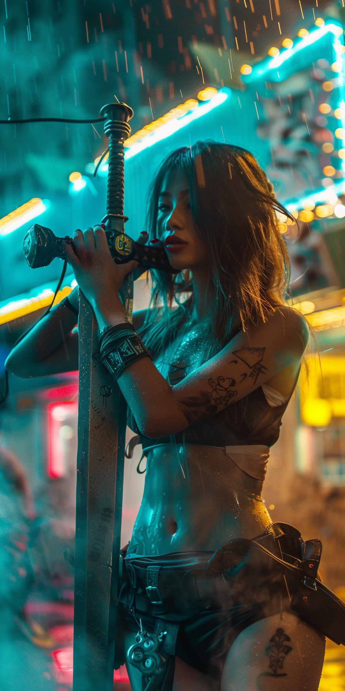 A cute girl licks a large sword while holding it in her hands, her body is covered with sweat, steam is in the air, light yellow and blue neon lighting, insolence.