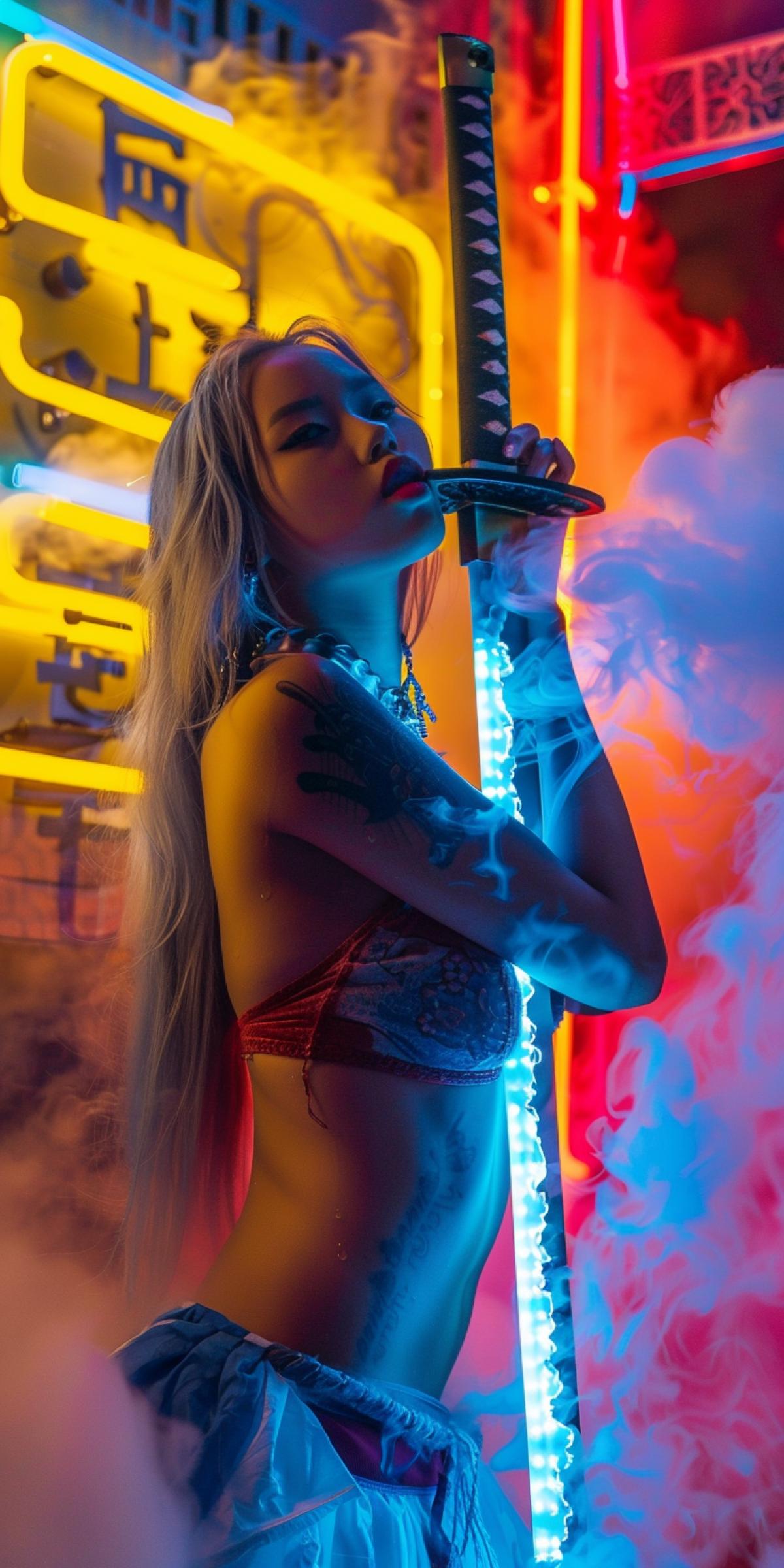 A cute girl licks a large sword while holding it in her hands, her body is covered with sweat, steam is in the air, light yellow and blue neon lighting, insolence.