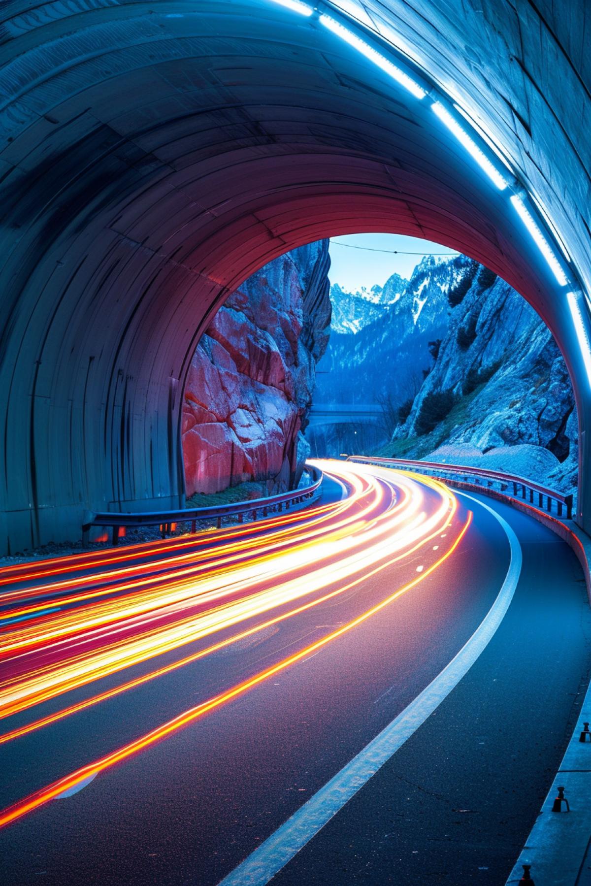Curved transport tunnel in mountains beautiful architecture lights fast speed cars rushing by professional awarded photo