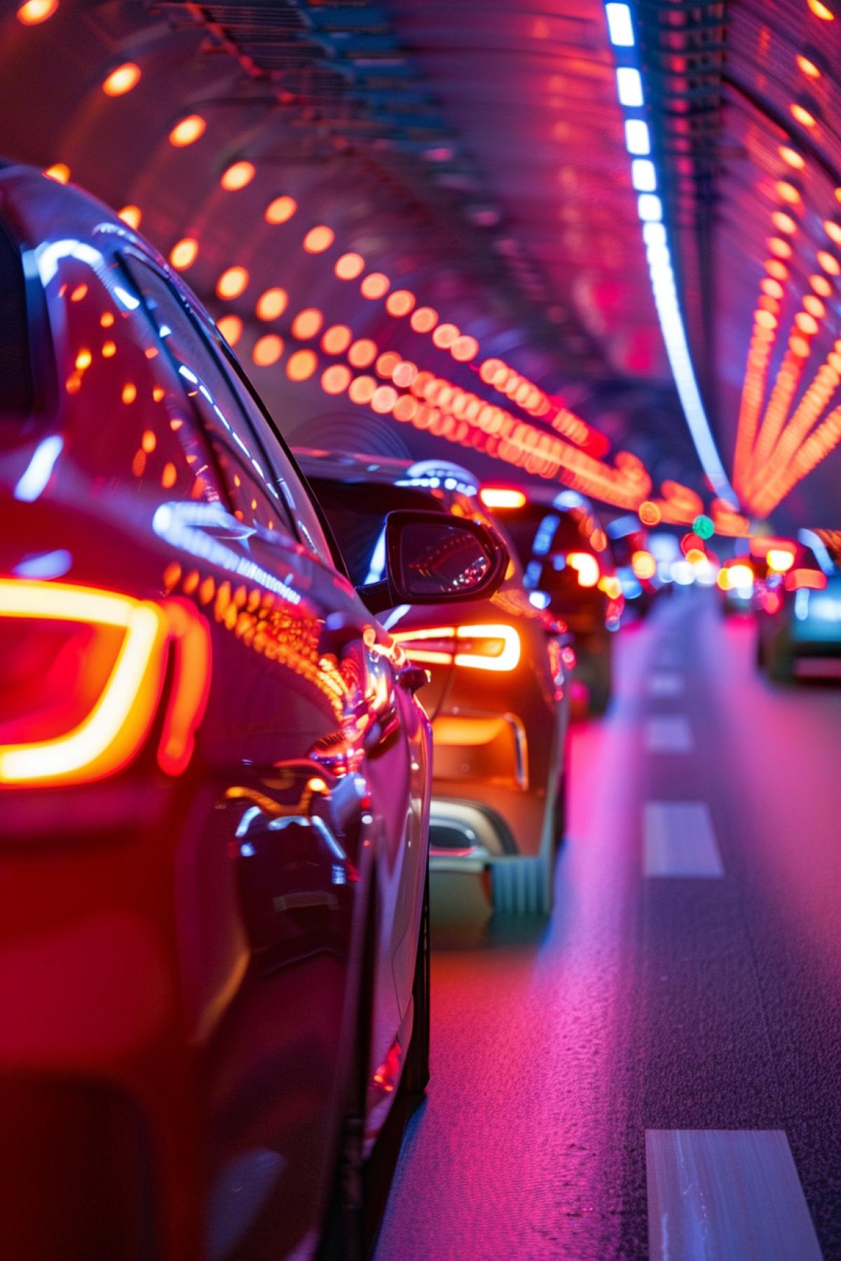 Transport tunnel lights on traffic jam of luxury cars professional awarded photo