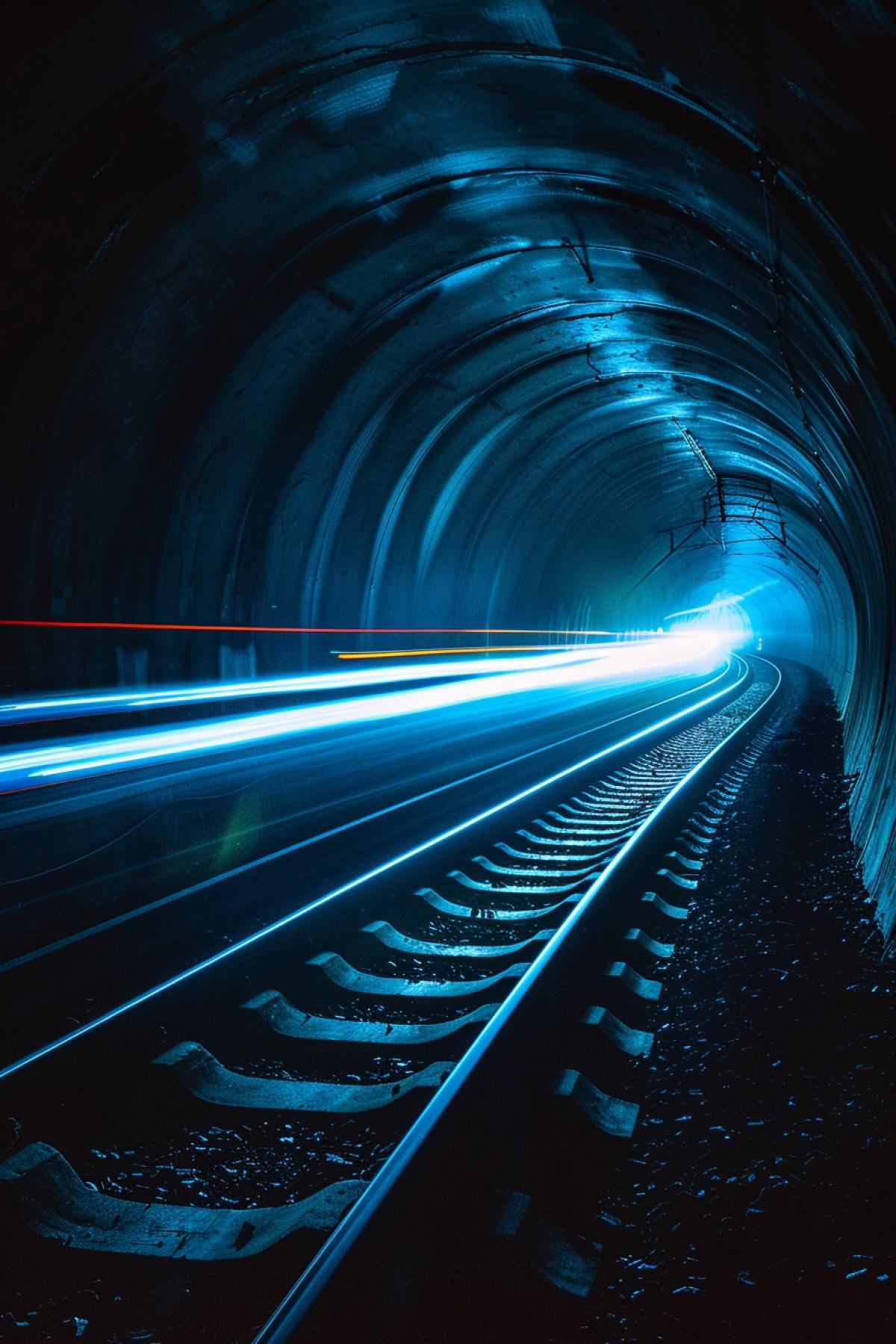 Headlights of speed train in dark tunnel danger approaching