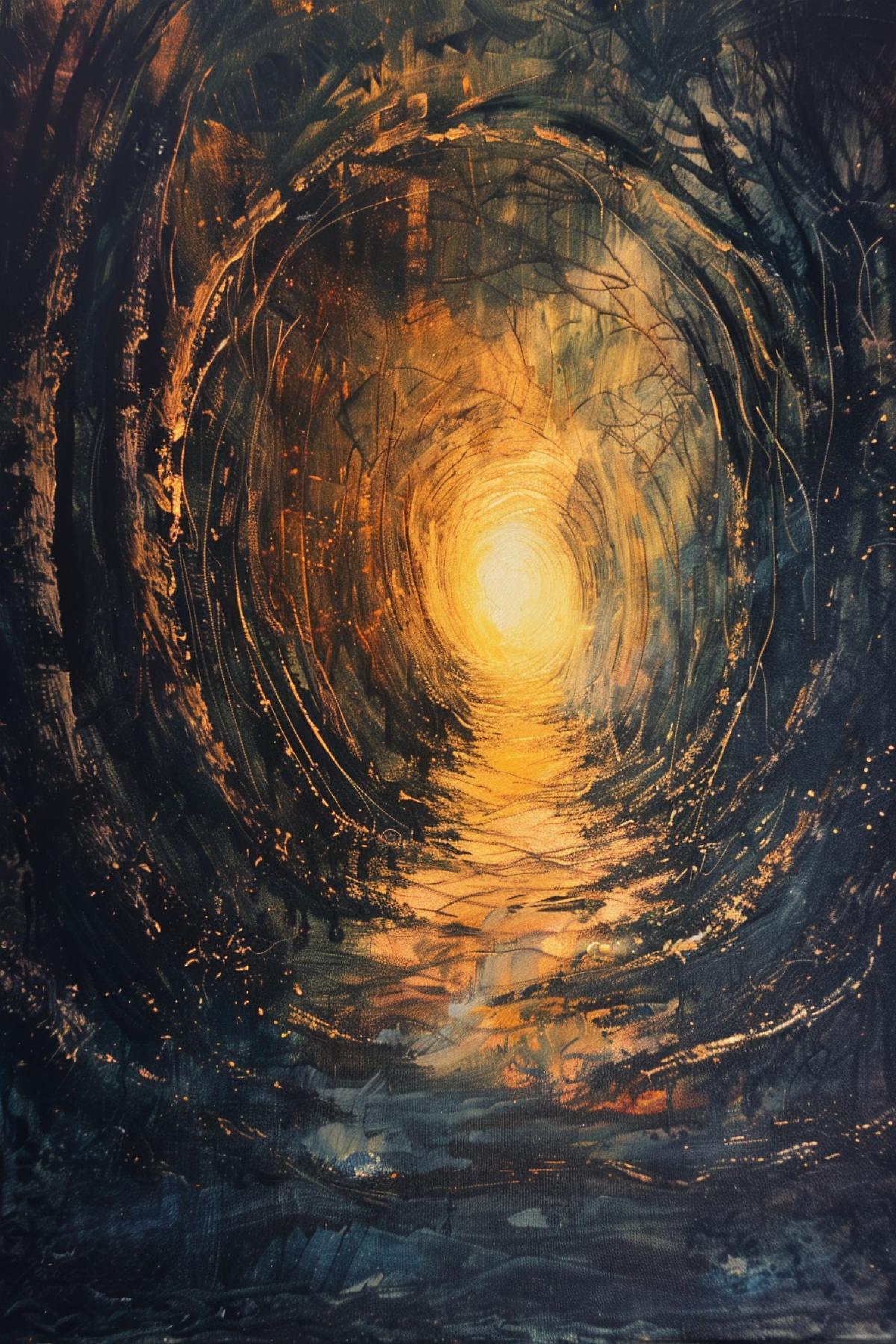Dark tunnel with gods light in the end paradise approaching oil canvas