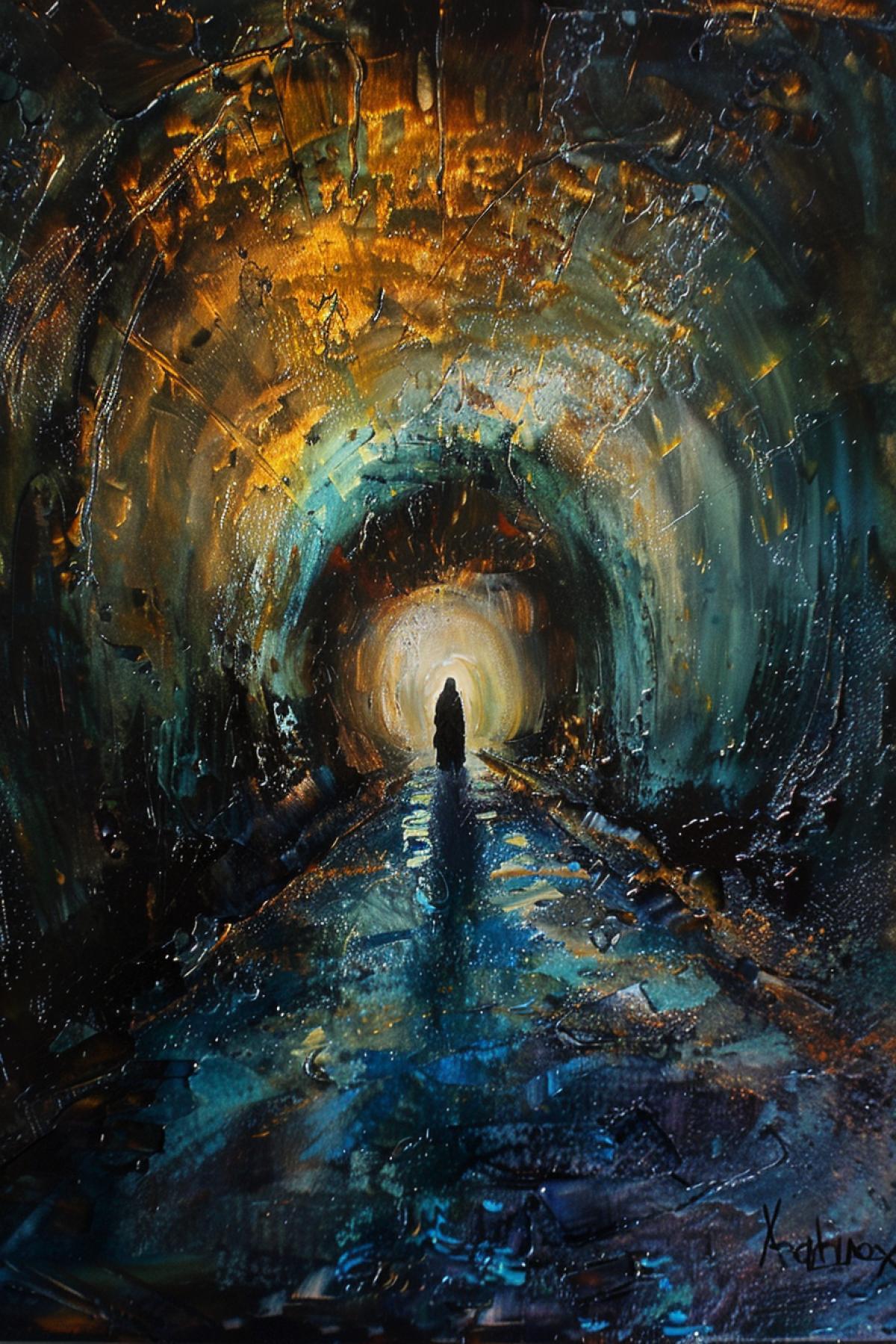 Dark tunnel with gods light in the end paradise soon Peter the apostle with keys waiting for you oil canvas