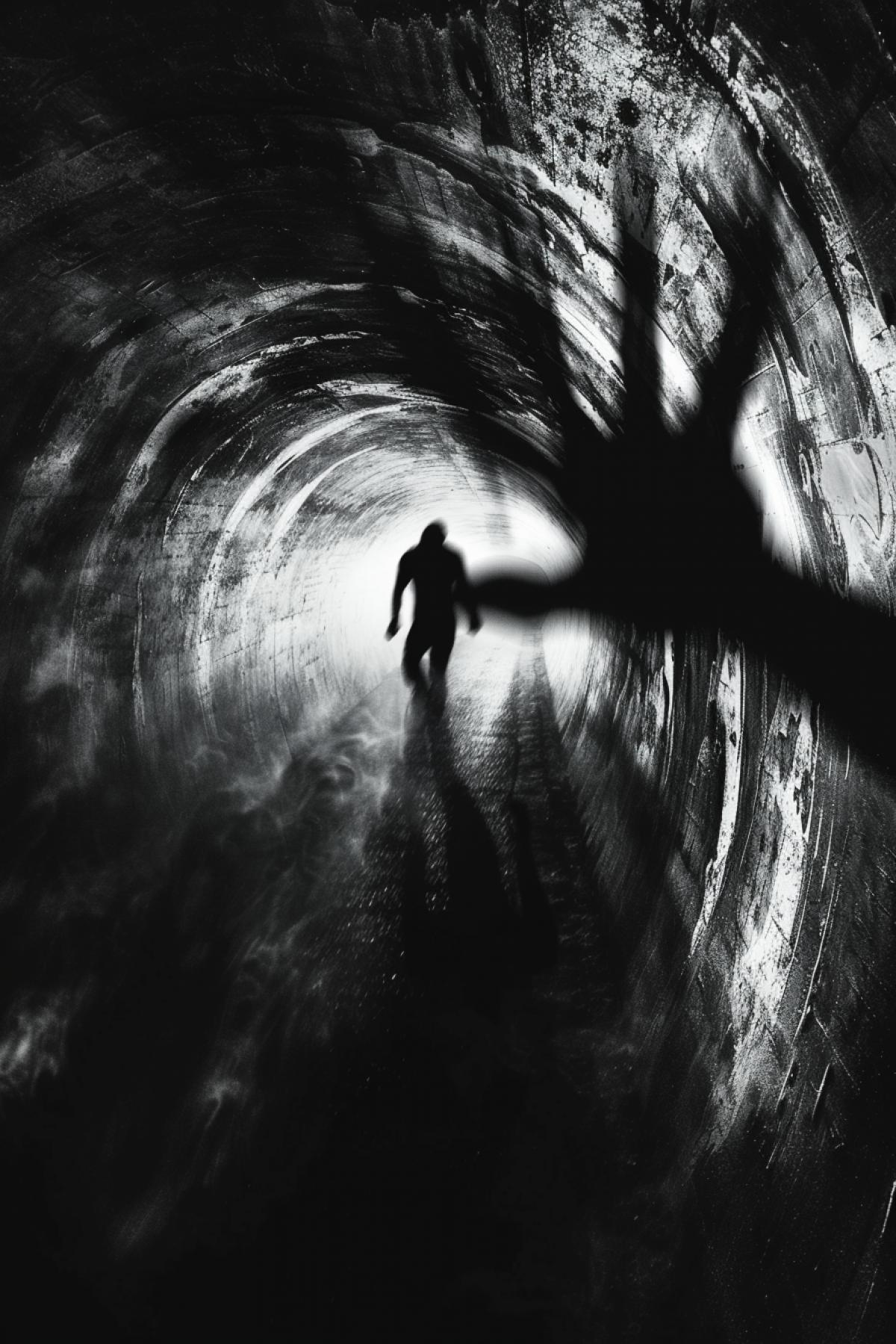 Nightmare in dark tunnel frightening monstrous aggressive dark shadows with aggressive faces around pulling dark hands and paws to you but you are running fast to the faraway light in the end of tunnel