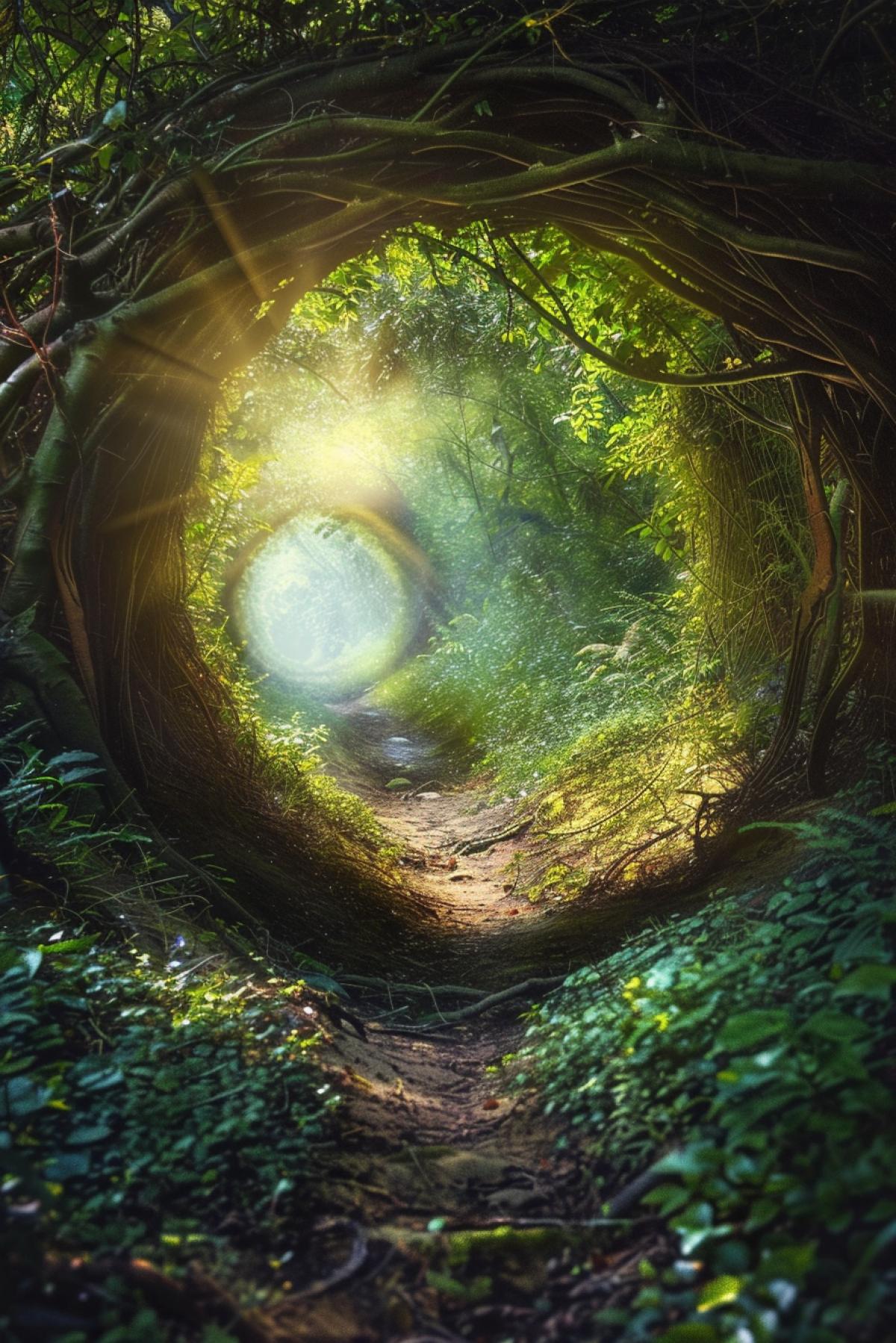 Tunnel, bright light at the end, parallel world, fairy-tale world, flickering, surprise, mythology,