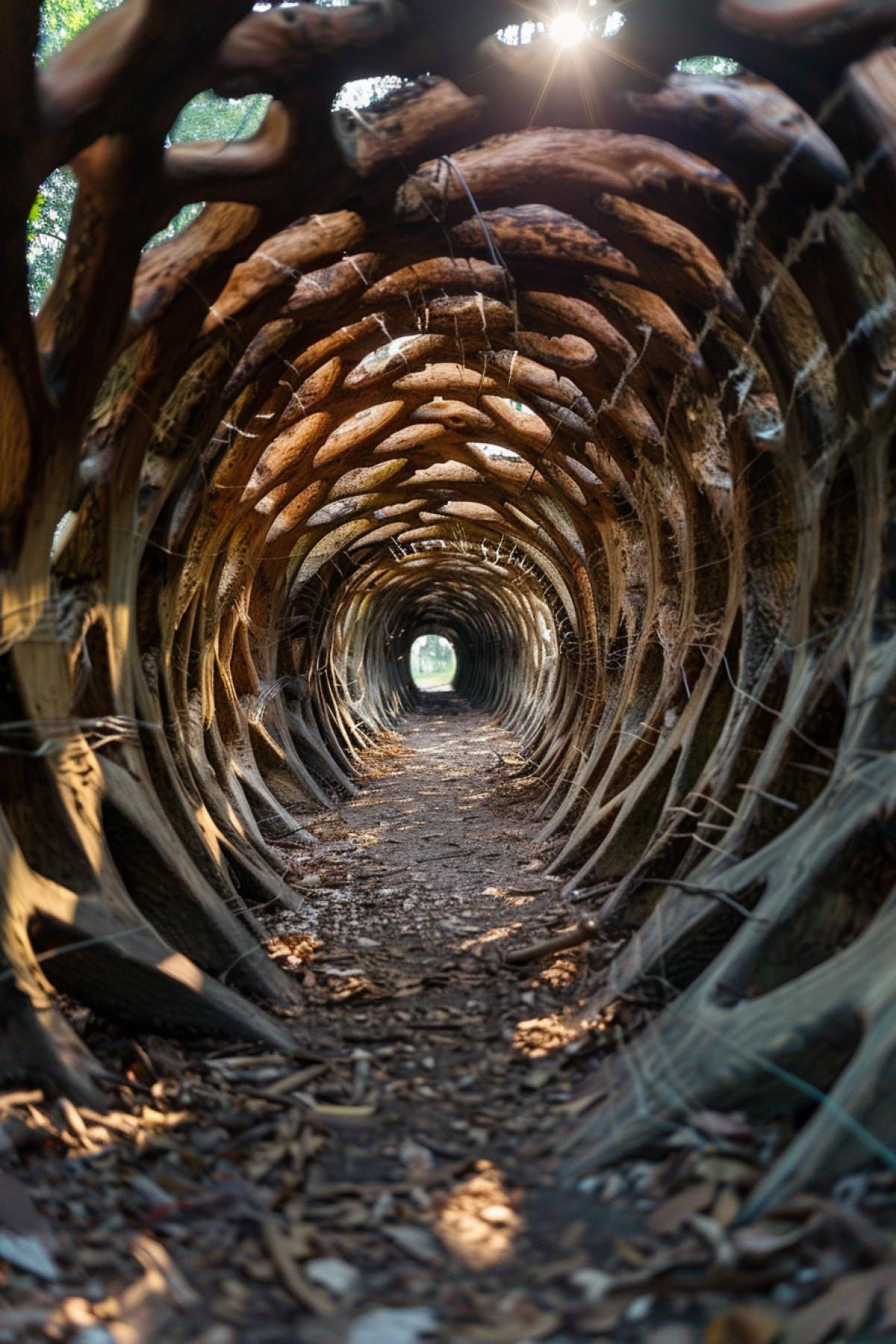 a tunnel made of tree rhizomes, the suns rays shine through the holes