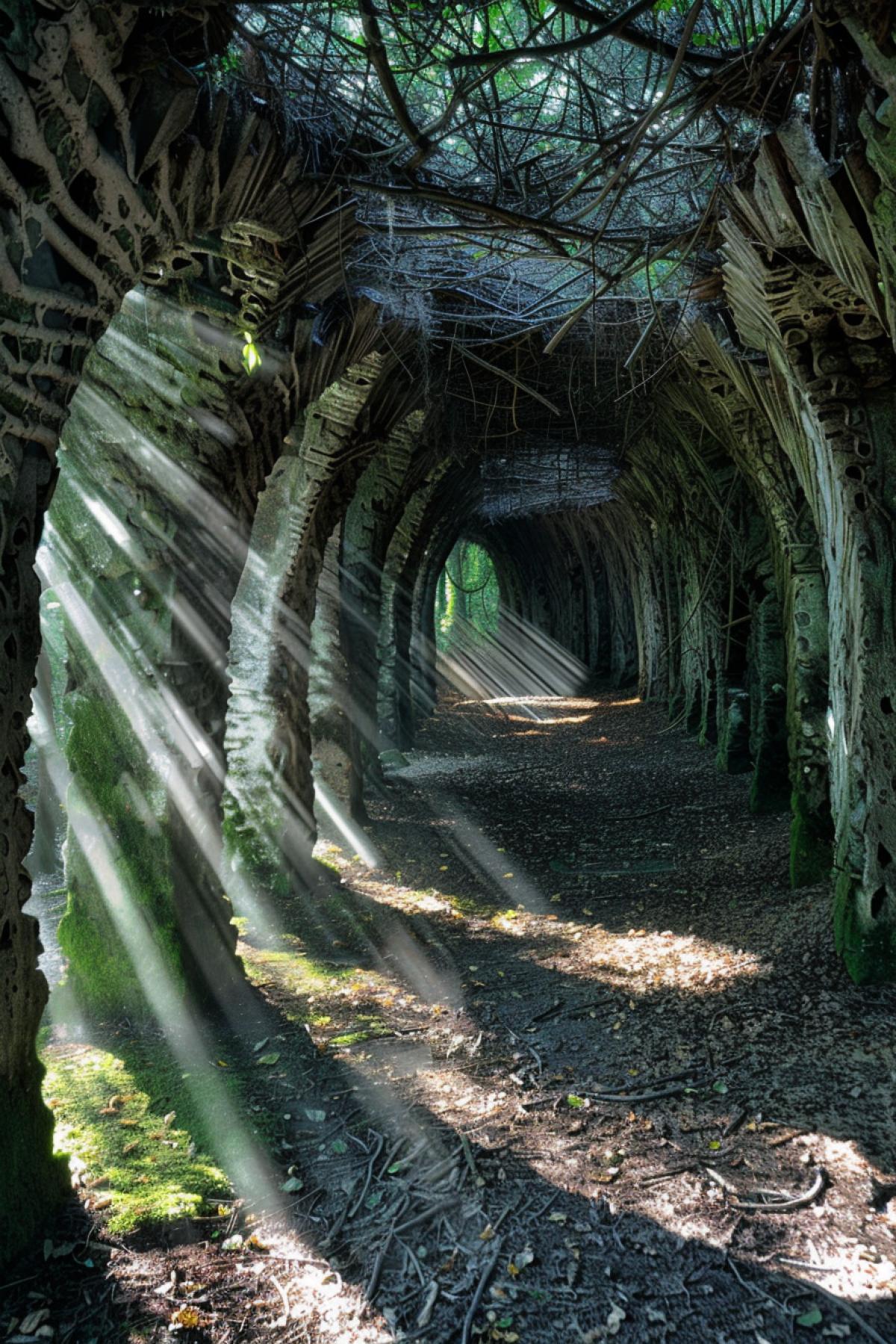 a tunnel made of tree rhizomes, the suns rays shine through the holes
