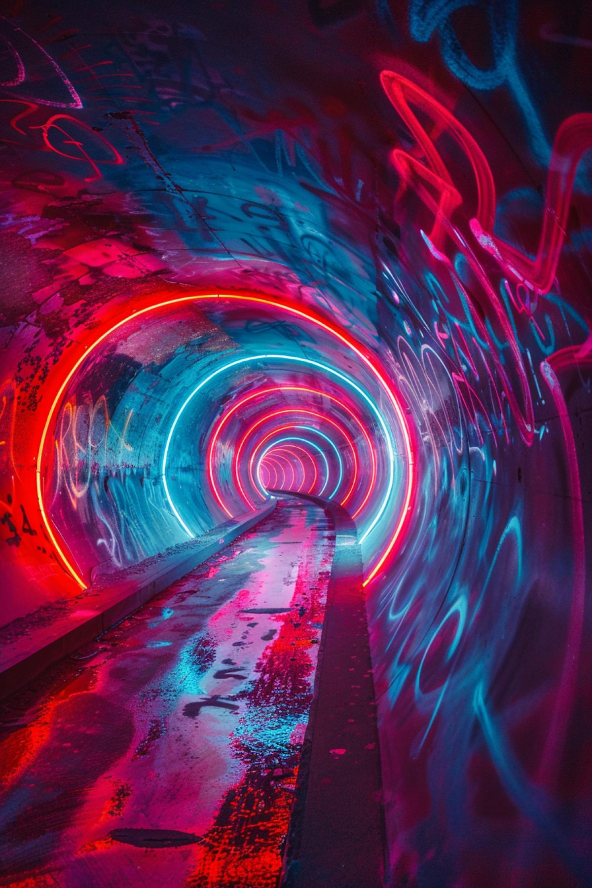 unusual tunnel, graffiti, maximalism, neon, graphics, flicker