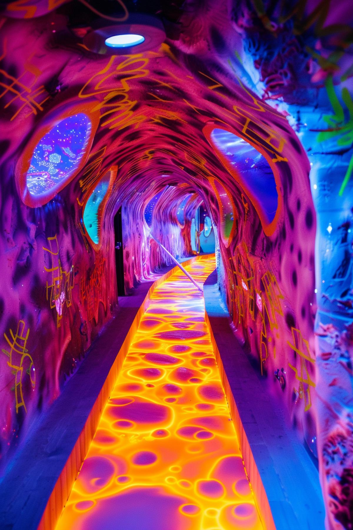 unusual tunnel made of cheese, neon, graphics, flickering