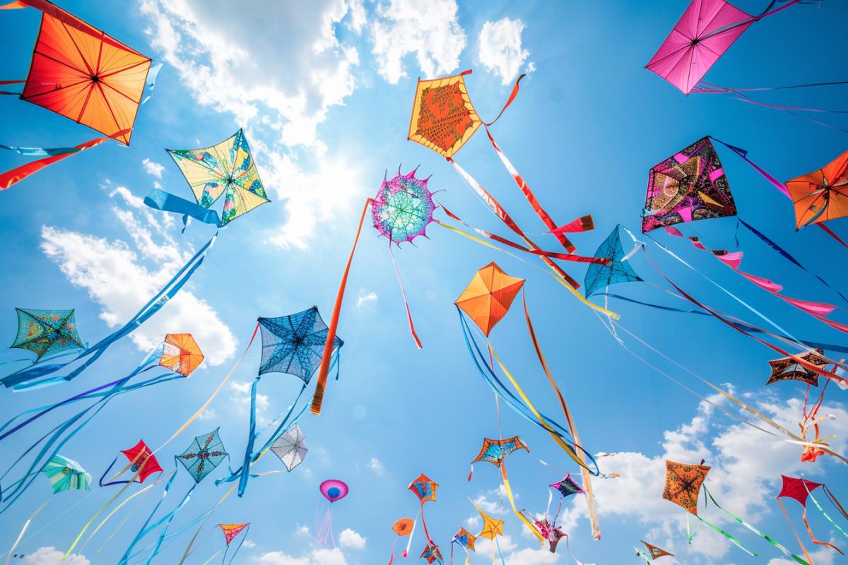 Lots of kites. Show their beauty, elegance and lightness in comparison to each other