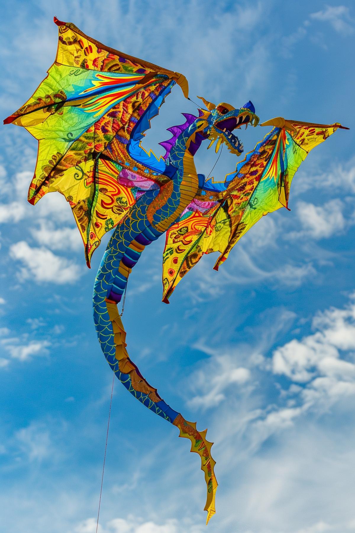 Dragon kite in flight, deralization, bright colors, kite in blue and gold tones