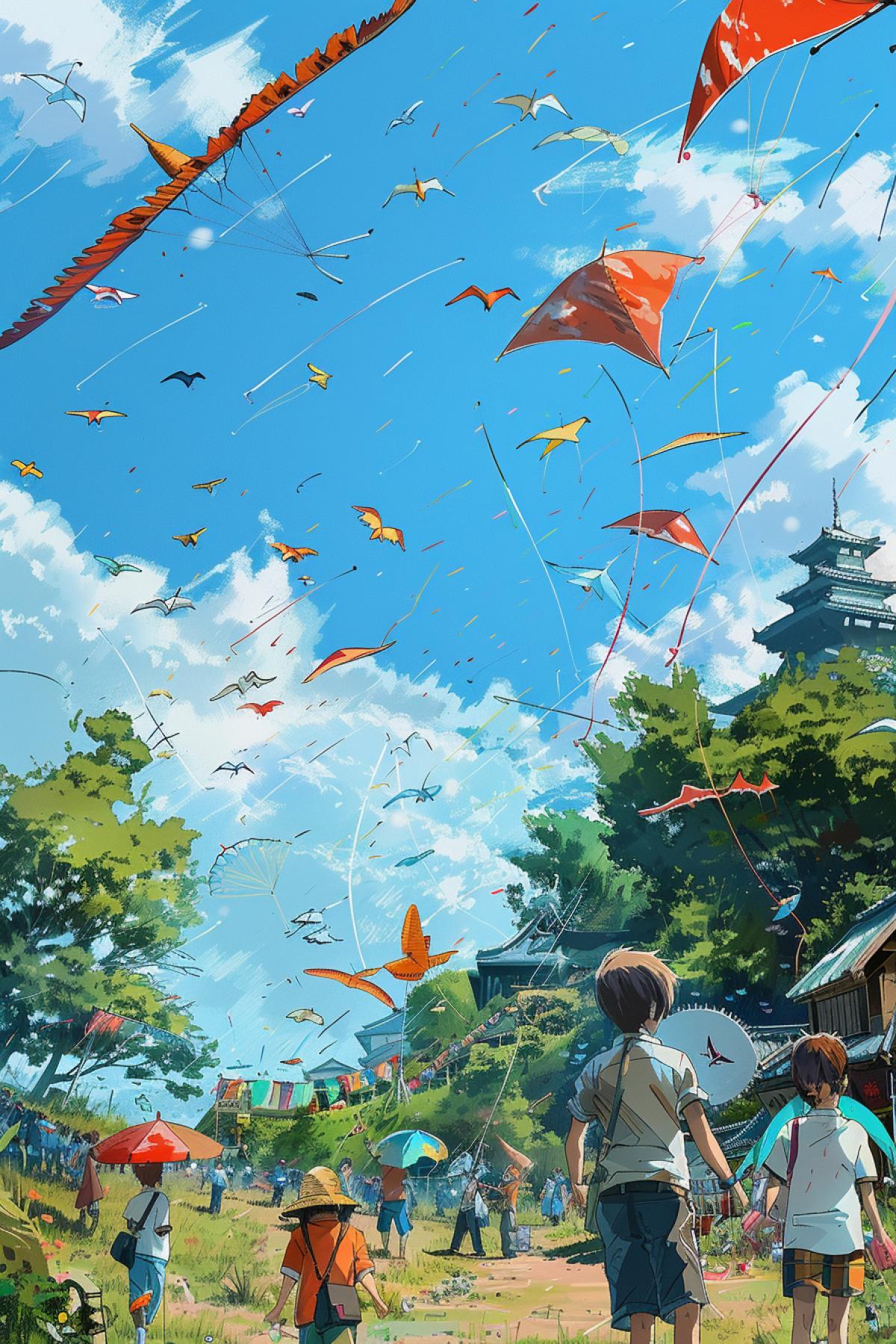 kite festival, anime style image by Hayao Miyazaki