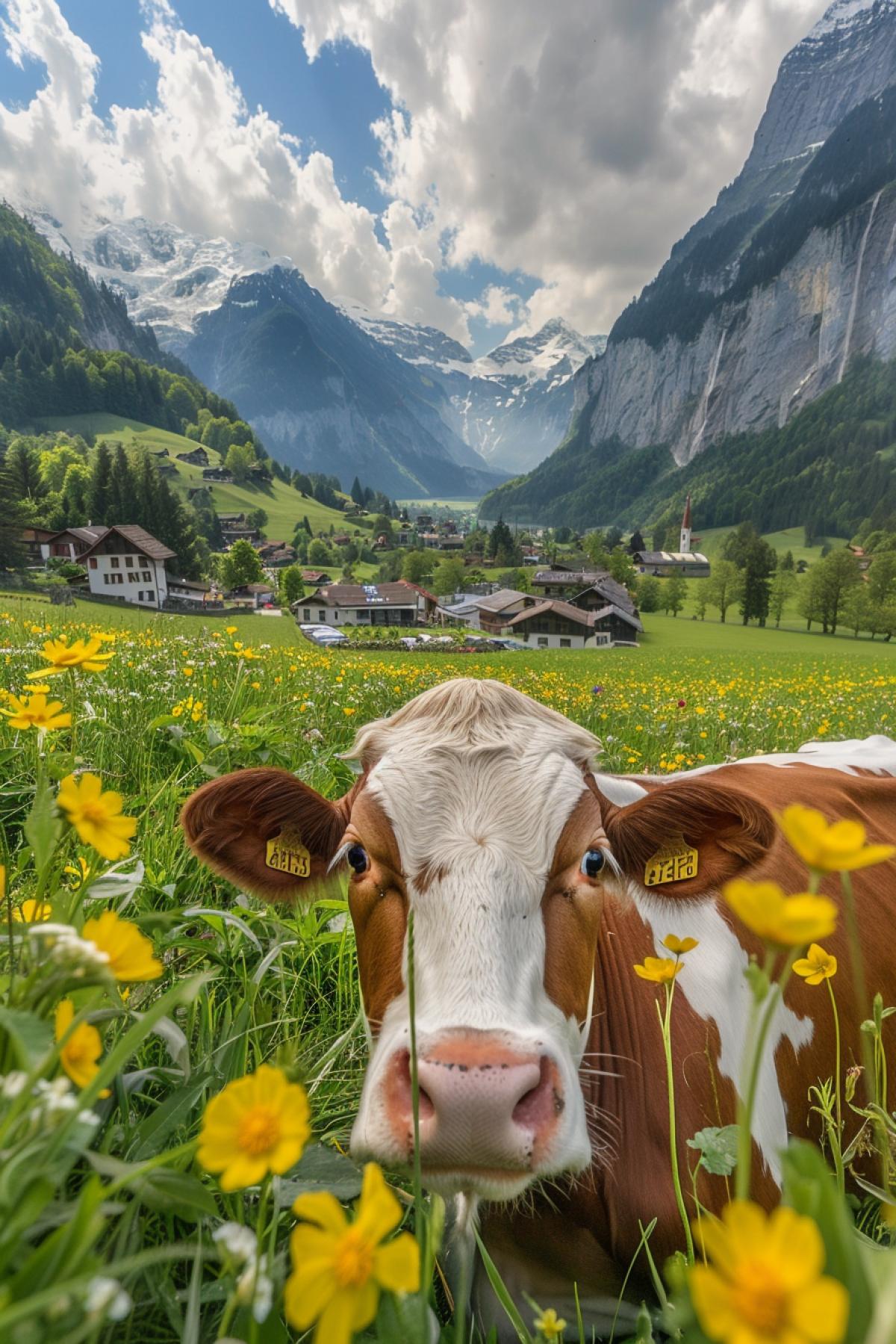 Beautiful Cows graze in a meadow in the village of Lauterbrunnen in the Swiss Alps