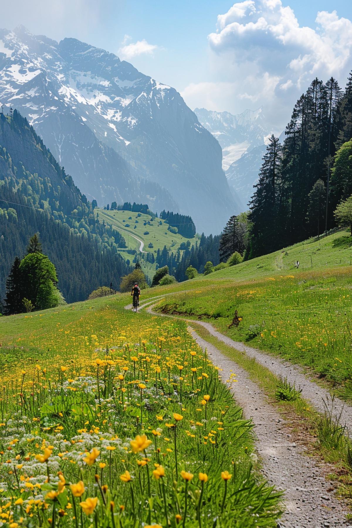 A cyclist rides along a path in the Alpine meadows of mountain Switzerland