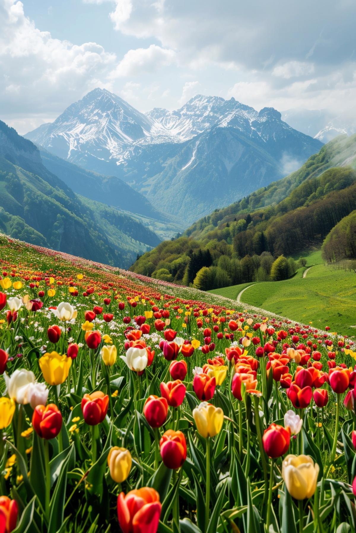 Blooming meadow of tulips in the Alps