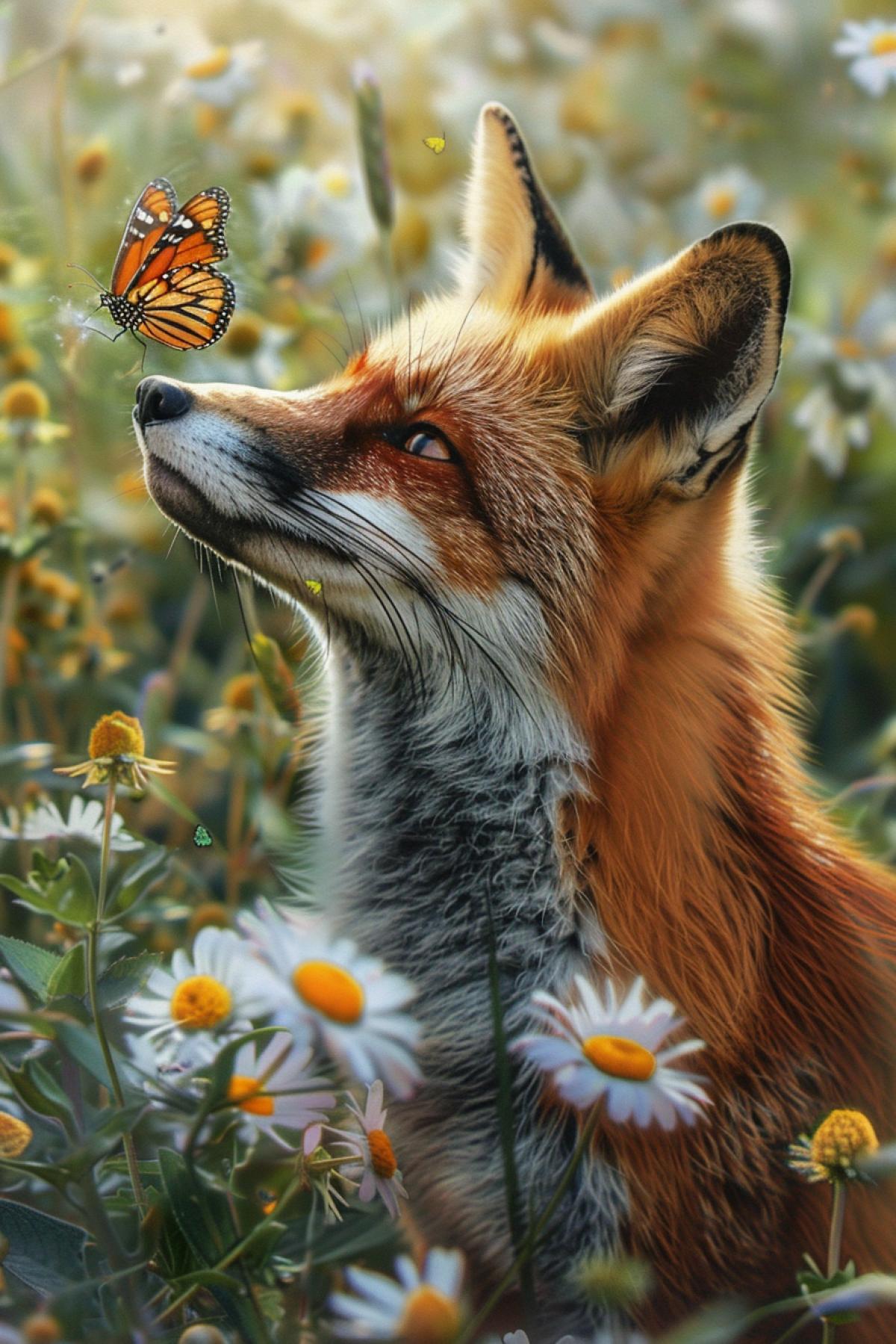 Beautiful fox with a butterfly on his nose among flowers in an alpine meadow
