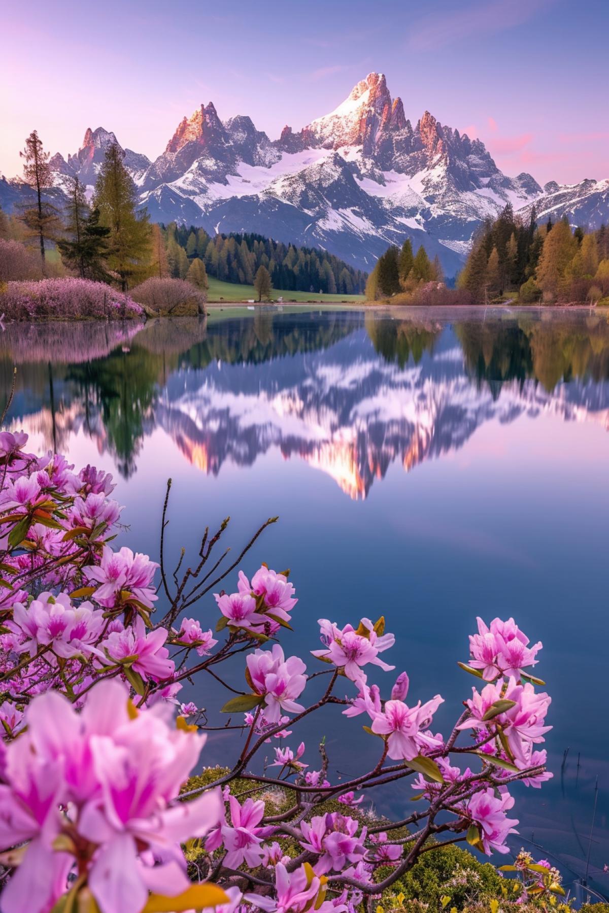 Lake in the Alps mirroring summer beauty of the mountain landscape around spring blossom morning sunrise