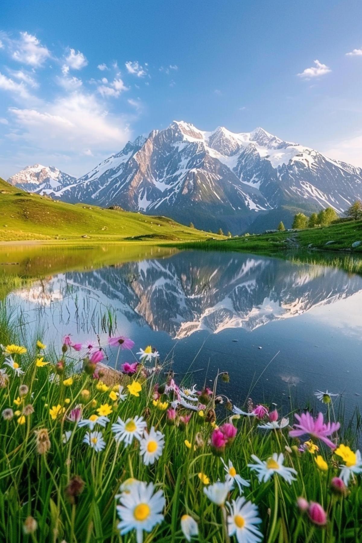 Lake in the Alps mirroring summer beauty of the mountain landscape around spring blossom in meadows morning sunrise