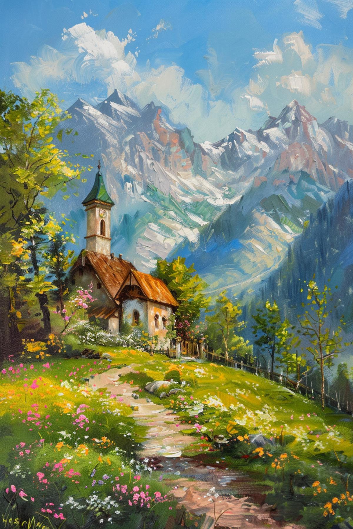 Beautiful clean the Alps village on the background of the Alps nature breathtaking art oil canvas